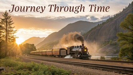 Majestic Steam Train Traveling Through Scenic Landscape at Sunrise Amidst Mountains and Lush Greenery
