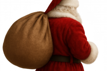 Santa claus wearing classic red suit carrying large sack full of christmas gifts, transparent background