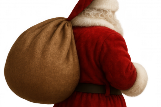 Santa claus wearing classic red suit carrying large sack full of christmas gifts, transparent background