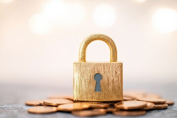 Gold padlock securing a stack of coins, symbolizing financial security, savings, investment protection, and wealth management