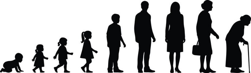 Diverse human life stages depicted in black silhouette