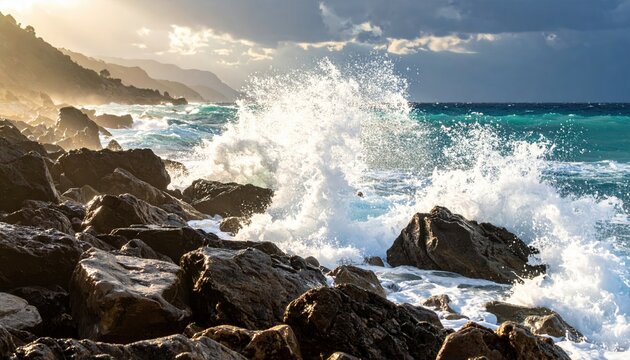 Dramatic ocean waves crashing against rocky shore during sunset, with vibrant sky and distant mountains - Powered by Adobe