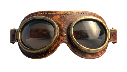  Leather Vintage Pilot Goggles and Brass Aviator Glasses Bundle, isolated on transparent background