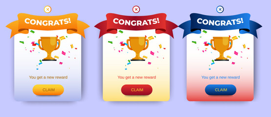 Set of Modern congratulations pop up banner with flat design on white background. Professional web design, full set of elements. User-friendly design materials.