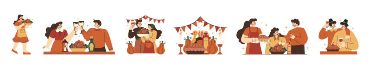 Thanksgiving Day Celebration Illustration – Family Dinner, Turkey, and Autumn Feast