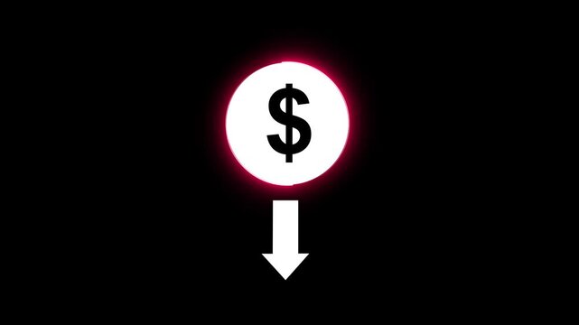 Glowing red dollar sign with downward arrow decrease animation icon. Business. Finance. Investment. 4K market downturn motion graphic. 
