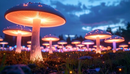 Obraz premium A surreal field of giant luminous mushrooms glowing in twilight.