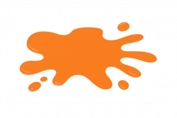 Orange paint splat, spilled liquid blot or abstract blob, vibrant color splash creating a dynamic, expressive graphic element on transparent background