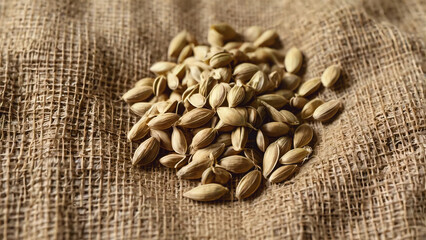 Seeds on a coarse cloth with a natural layout of dry texture for agricultural health or botanical visuals