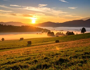 Obraz premium Sunrise over misty valley