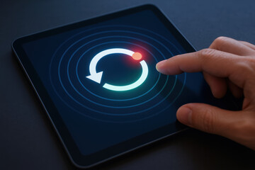 Ai agent workflow automation circular update icon on tablet screen with fingertip interaction conveying connection and progress