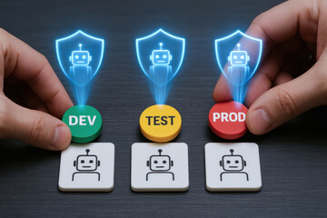 Dev test prod ai agent workflow automation secure development pipeline with testing and deployment stages portrayed in hands and icons