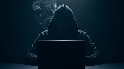 Anonymous hacker with laptop in dark room: cybersecurity threat concept - Powered by Adobe