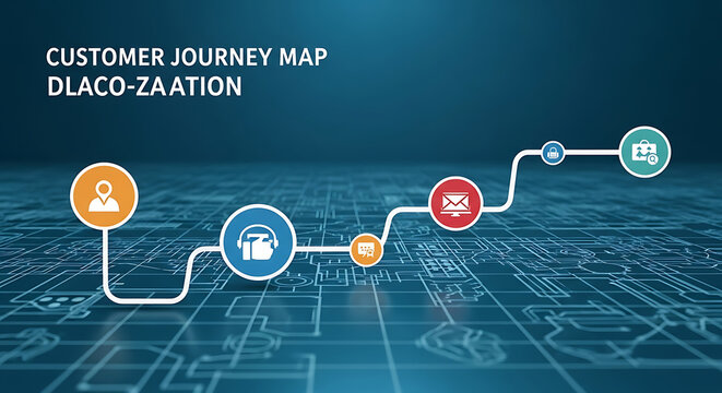 Customer journey map dlaco za ation with various icons on a blue background with a circuit pattern