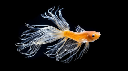 Golden betta fish in slow upward swim, crescent tail curling upward in delicate arcs, illuminated from below, floating in rich black space,