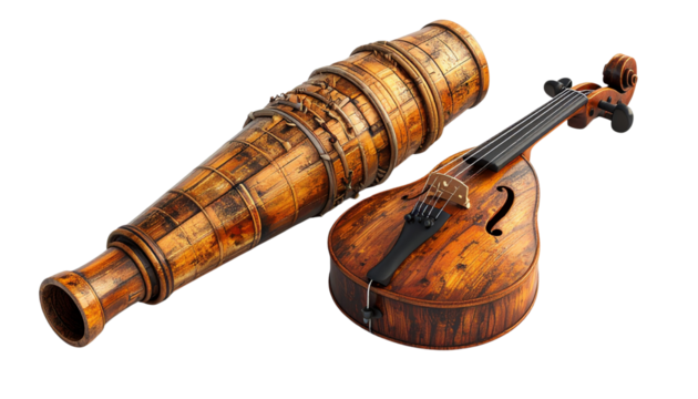   Antique telescope and violin on a white background