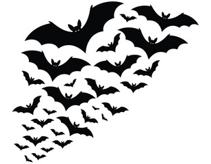 Fototapeta premium A dark and spooky collection of silhouetted bats flying in formation against a white background, perfect for Halloween or gothic themes