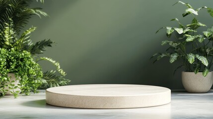 Empty light beige round pedestal surrounded by greenery
