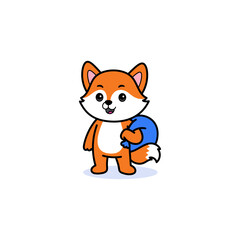 Animated Orange Fox Standing with Blue Bag on Transparent Background Simple Cartoon Design Illustration Cute Animal Mascot Isolated Vector Graphics
