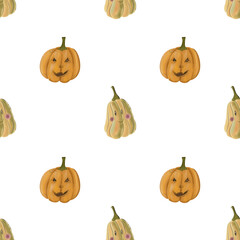 Halloween hand drawn watercolor seamless pattern with illustrations of spooky pumpkins. 