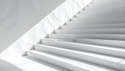 Fototapeta premium Minimalist White Concrete Staircase with Sunlight Casting Shadows Architecture Detail Abstract Step Ascending Design Modern Building