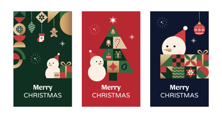 Fototapeta premium Set of vertical holiday Christmas cards with snowmen and festive decorations
