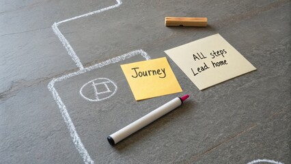 Creative Journey Path with Chalk Drawing and Sticky Notes on a Modern Surface for Inspirational Concepts and Motivation