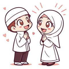 A cute cartoon of a Muslim boy and girl smiling with hands together in greeting. They wear white traditional clothes and look happy with hearts around them.