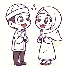 A cartoon boy and girl in traditional Islamic attire smile warmly at each other. They hold their hands together in front of their chests, suggesting greeting or prayer. Red hearts above them highlight