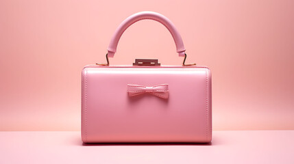 Minimalist micro pink handbag centered in frame, baby pink flat background with subtle vignetting and light bloom around the object