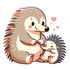 large hedgehog and a small baby hedgehog sitting together with hearts, depicting a loving family bond.