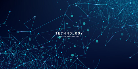 Abstract connected dots and lines on blue background. Communication and technology network concept with moving lines and dots