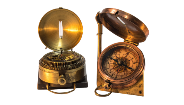  Retro Clockwork Compass and Copper Timepiece Duo, isolated on transparent background
