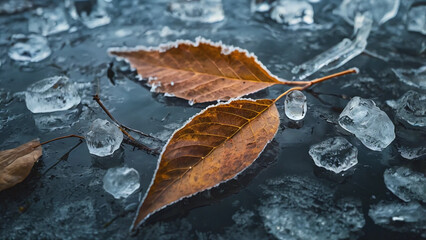 Leaves stuck in ice with trapped textures natural contrast and seasonal tone perfect for frozen or poetic visuals.