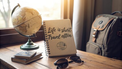 Inspirational Travel Quote on Notebook with Globe and Sunglasses in Cozy Sunlit Room