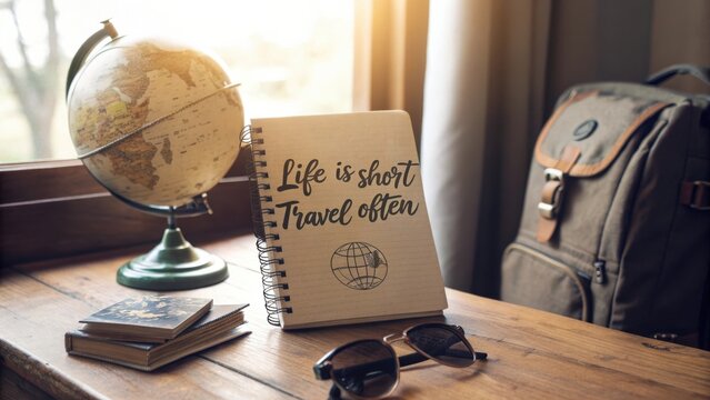 Inspirational Travel Quote on Notebook with Globe and Sunglasses in Cozy Sunlit Room - Powered by Adobe