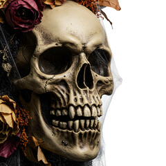 Obraz premium Creepy Halloween skull decoration with spooky horror vibe, perfect for eerie scenes and haunted designs. Isolated on white or transparent background. PNG format.