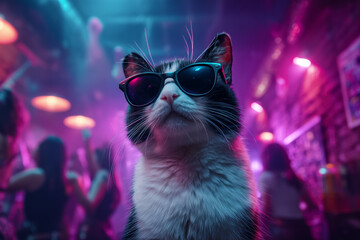 Cool Cat Rocking Neon Nightclub: Sunglasses Party Vibes
