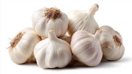 Fresh garlic bulbs stacked together on a clean white background
