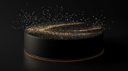 Black podium with golden particles, abstract display, empty stage