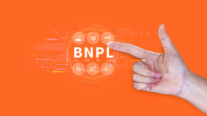 BNPL, Buy Now Pay Later concept. using with icons of BNPL with online shopping icons technology. BNPL buy now pay later online shopping concept.