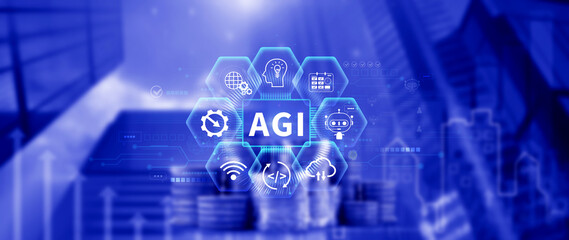 AGI concept, Artificial general intelligence, AI knowledge learning technology, AGI is the future of modern world, combination of humans and AI