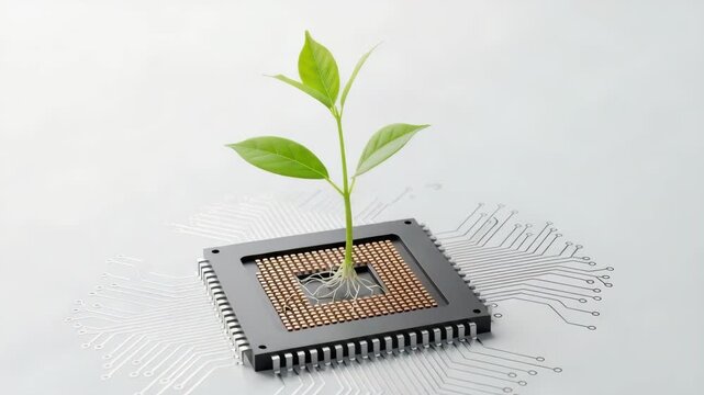 fresh green plant with leaves and visible roots grows from black integrated circuit featuring gold pins Delicate white circuit traces emanate across pristine light background illustrating technologys