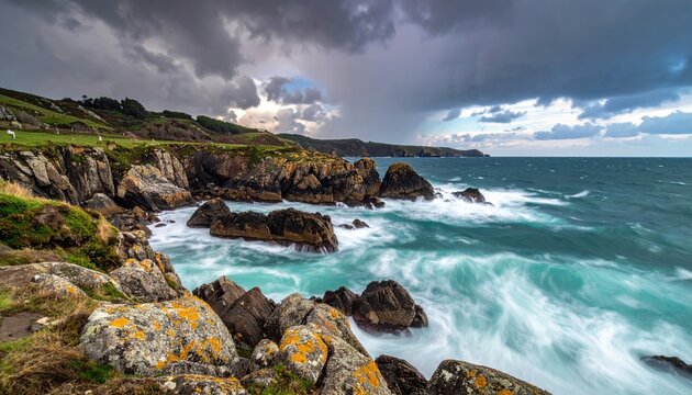 Dramatic coastal landscape with crashing waves against rocky cliffs under a stormy sky at sunset