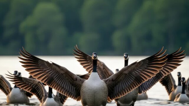group of brown and white geese in water The central goose spreads its powerful wings wide facing forward Several other geese are visible behind some with partially spread wings Rippling water with dis