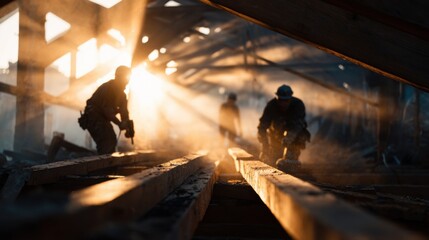 Skilled Tradesmen Working Together to Reinforce Roof Structure