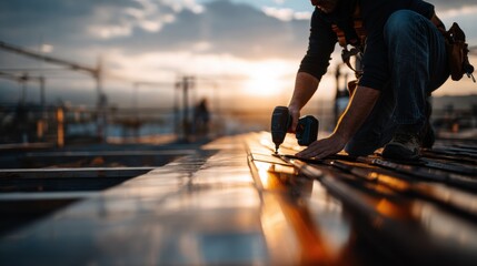 Roofer Adjusting Glossy Orange Tiles at Sunset on a Construction Site