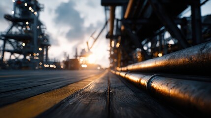Tight Shot of Aligned Pipes on Oil Platform at Dusk