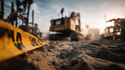 Danger Sign on Construction Site Near Trench with Heavy Machinery