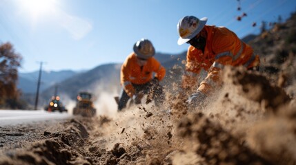 Construction Crew in Orange Visibility Gear Working on Dig Site